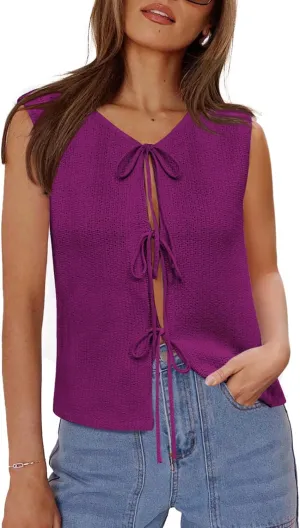 Yousify Womens Tie Front Sweater Vest 2025 Summer Sleeveless Crochet Knit Tops Lightweight Cardigan Sweaters Outfits