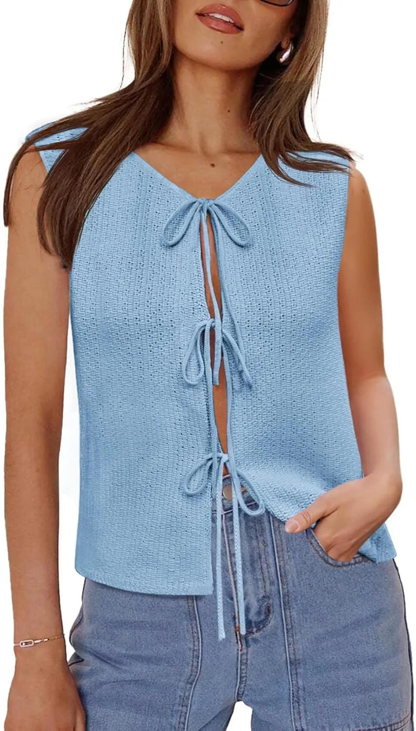 Yousify Womens Tie Front Sweater Vest 2025 Summer Sleeveless Crochet Knit Tops Lightweight Cardigan Sweaters Outfits