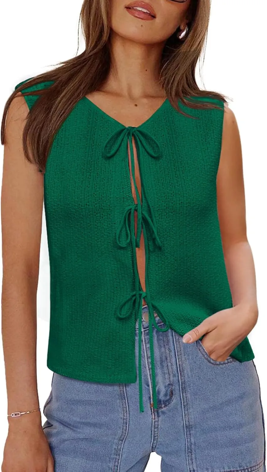 Yousify Womens Tie Front Sweater Vest 2025 Summer Sleeveless Crochet Knit Tops Lightweight Cardigan Sweaters Outfits