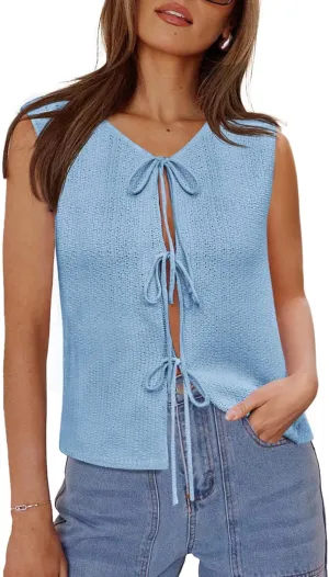 Yousify Womens Tie Front Sweater Vest 2025 Summer Sleeveless Crochet Knit Tops Lightweight Cardigan Sweaters Outfits