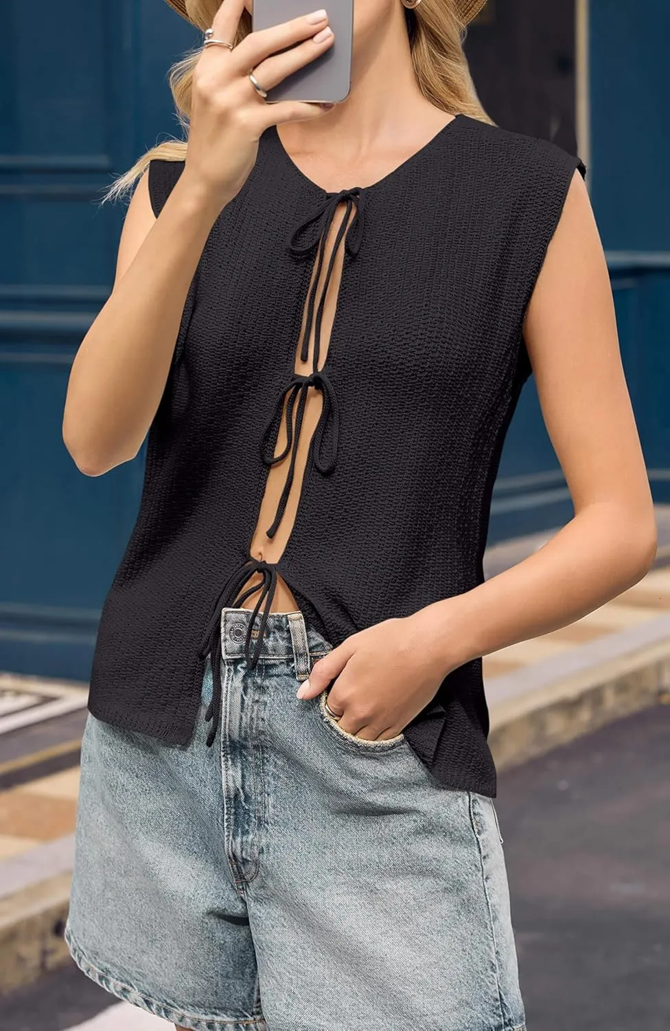 Yousify Womens Tie Front Sweater Vest 2025 Summer Sleeveless Crochet Knit Tops Lightweight Cardigan Sweaters Outfits