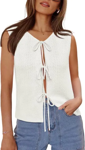 Yousify Womens Tie Front Sweater Vest 2025 Summer Sleeveless Crochet Knit Tops Lightweight Cardigan Sweaters Outfits