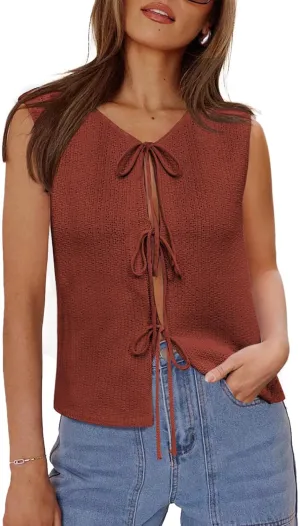 Yousify Womens Tie Front Sweater Vest 2025 Summer Sleeveless Crochet Knit Tops Lightweight Cardigan Sweaters Outfits