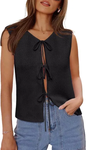Yousify Womens Tie Front Sweater Vest 2025 Summer Sleeveless Crochet Knit Tops Lightweight Cardigan Sweaters Outfits