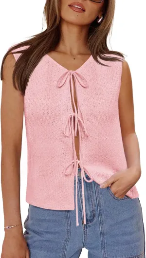 Yousify Womens Tie Front Sweater Vest 2025 Summer Sleeveless Crochet Knit Tops Lightweight Cardigan Sweaters Outfits