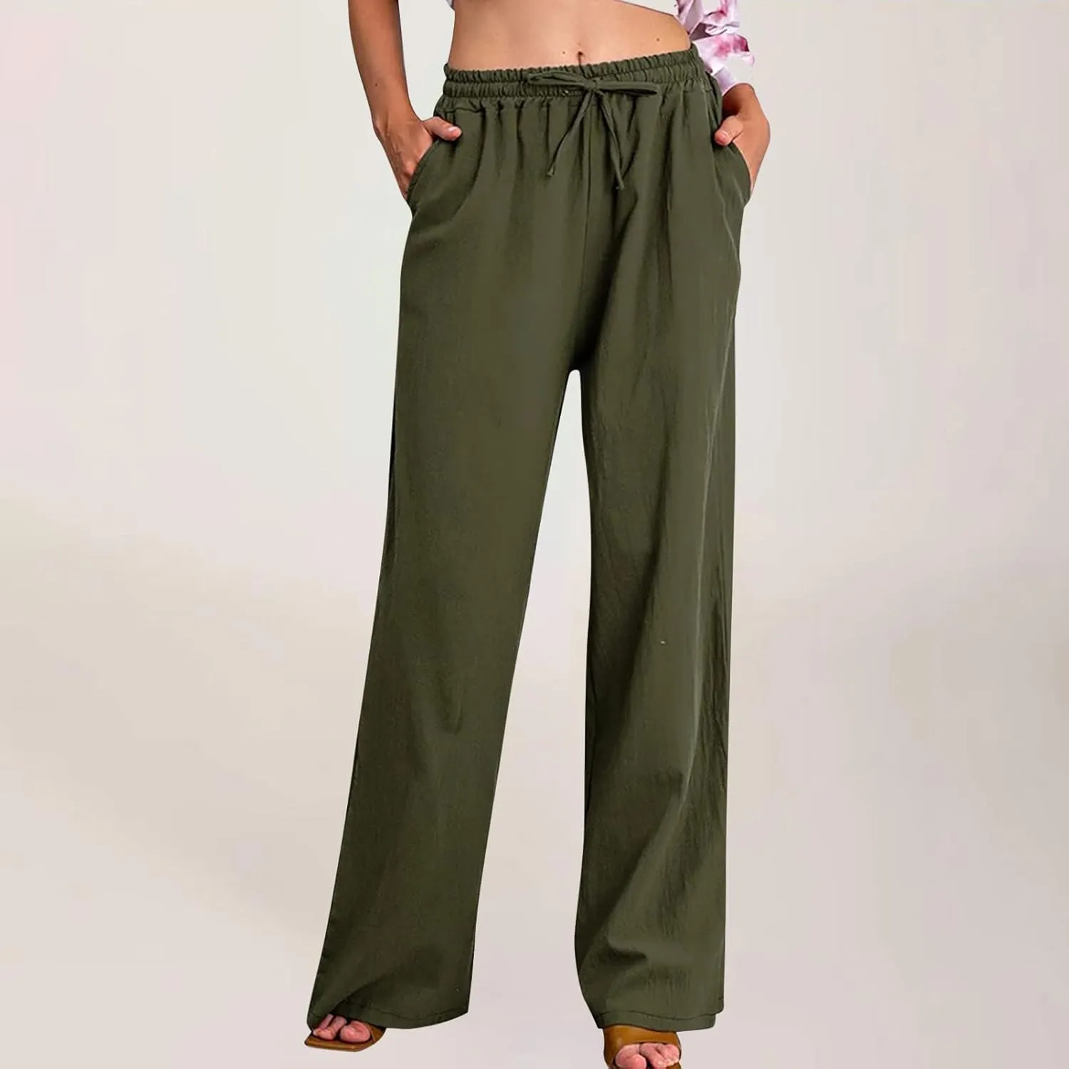 YRAETENM Womens Linen Pants Drawstring Hjgh Elastic Waist Casual Wide Leg Trousers Soft Loose Wide Leg Pants with Pockets