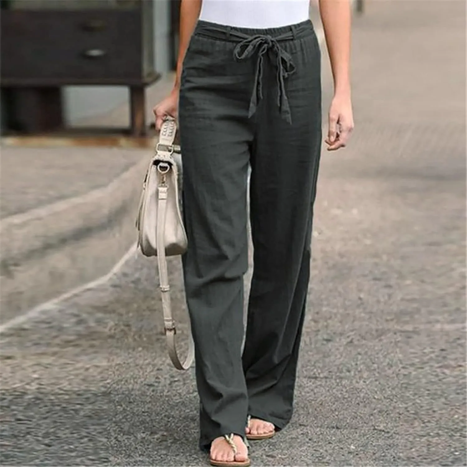 YRAETENM Womens Linen Pants Drawstring Hjgh Elastic Waist Casual Wide Leg Trousers Soft Loose Wide Leg Pants with Pockets