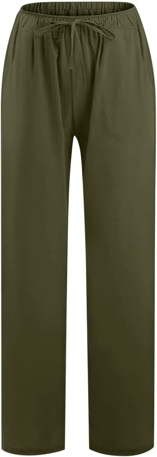 YRAETENM Womens Linen Pants Drawstring Hjgh Elastic Waist Casual Wide Leg Trousers Soft Loose Wide Leg Pants with Pockets