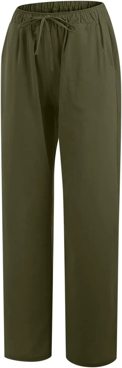 YRAETENM Womens Linen Pants Drawstring Hjgh Elastic Waist Casual Wide Leg Trousers Soft Loose Wide Leg Pants with Pockets