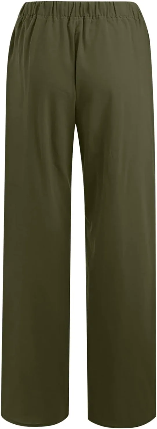 YRAETENM Womens Linen Pants Drawstring Hjgh Elastic Waist Casual Wide Leg Trousers Soft Loose Wide Leg Pants with Pockets
