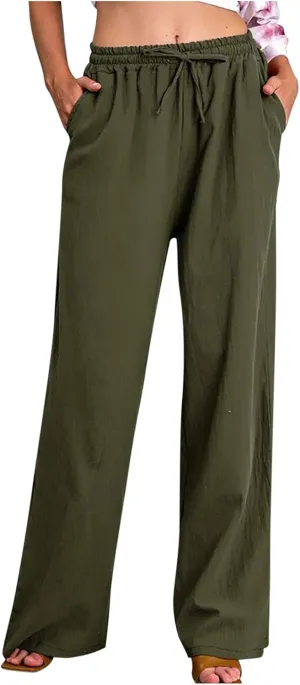 YRAETENM Womens Linen Pants Drawstring Hjgh Elastic Waist Casual Wide Leg Trousers Soft Loose Wide Leg Pants with Pockets