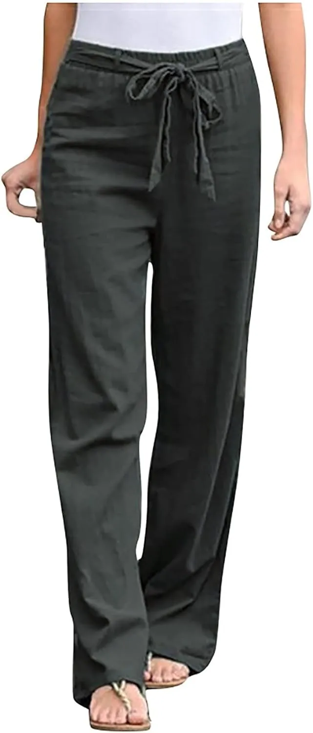 YRAETENM Womens Linen Pants Drawstring Hjgh Elastic Waist Casual Wide Leg Trousers Soft Loose Wide Leg Pants with Pockets