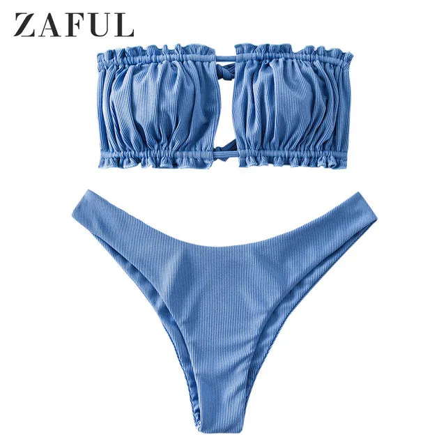 ZAFUL Ribbed Tie Cutout Bandeau Bikini Swimsuit Sexy Strapless Ruched Cut Out Bikini Elastic High Cut High Leg Women Bikini Sets