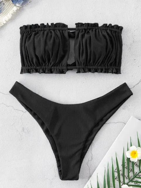 ZAFUL Ribbed Tie Cutout Bandeau Bikini Swimsuit Sexy Strapless Ruched Cut Out Bikini Elastic High Cut High Leg Women Bikini Sets