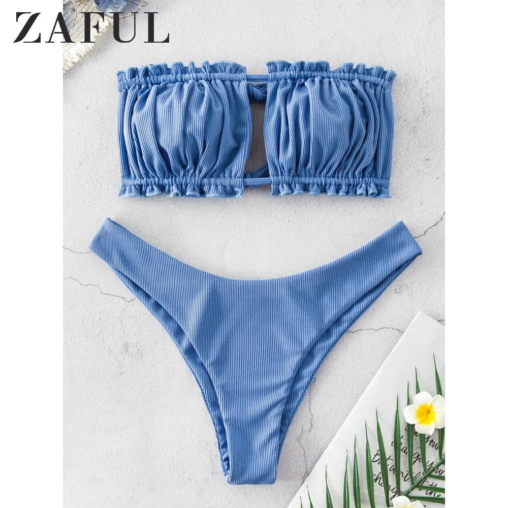 ZAFUL Ribbed Tie Cutout Bandeau Bikini Swimsuit Sexy Strapless Ruched Cut Out Bikini Elastic High Cut High Leg Women Bikini Sets