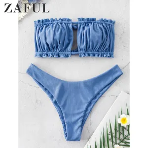 ZAFUL Ribbed Tie Cutout Bandeau Bikini Swimsuit Sexy Strapless Ruched Cut Out Bikini Elastic High Cut High Leg Women Bikini Sets