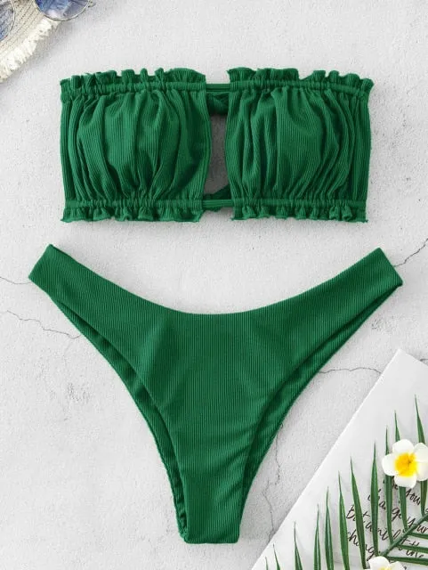 ZAFUL Ribbed Tie Cutout Bandeau Bikini Swimsuit Sexy Strapless Ruched Cut Out Bikini Elastic High Cut High Leg Women Bikini Sets