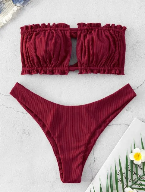 ZAFUL Ribbed Tie Cutout Bandeau Bikini Swimsuit Sexy Strapless Ruched Cut Out Bikini Elastic High Cut High Leg Women Bikini Sets