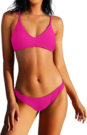 ZAFUL Women's Solid Spaghetti Strap Bralette Bikini Set Two Piece Swimsuit