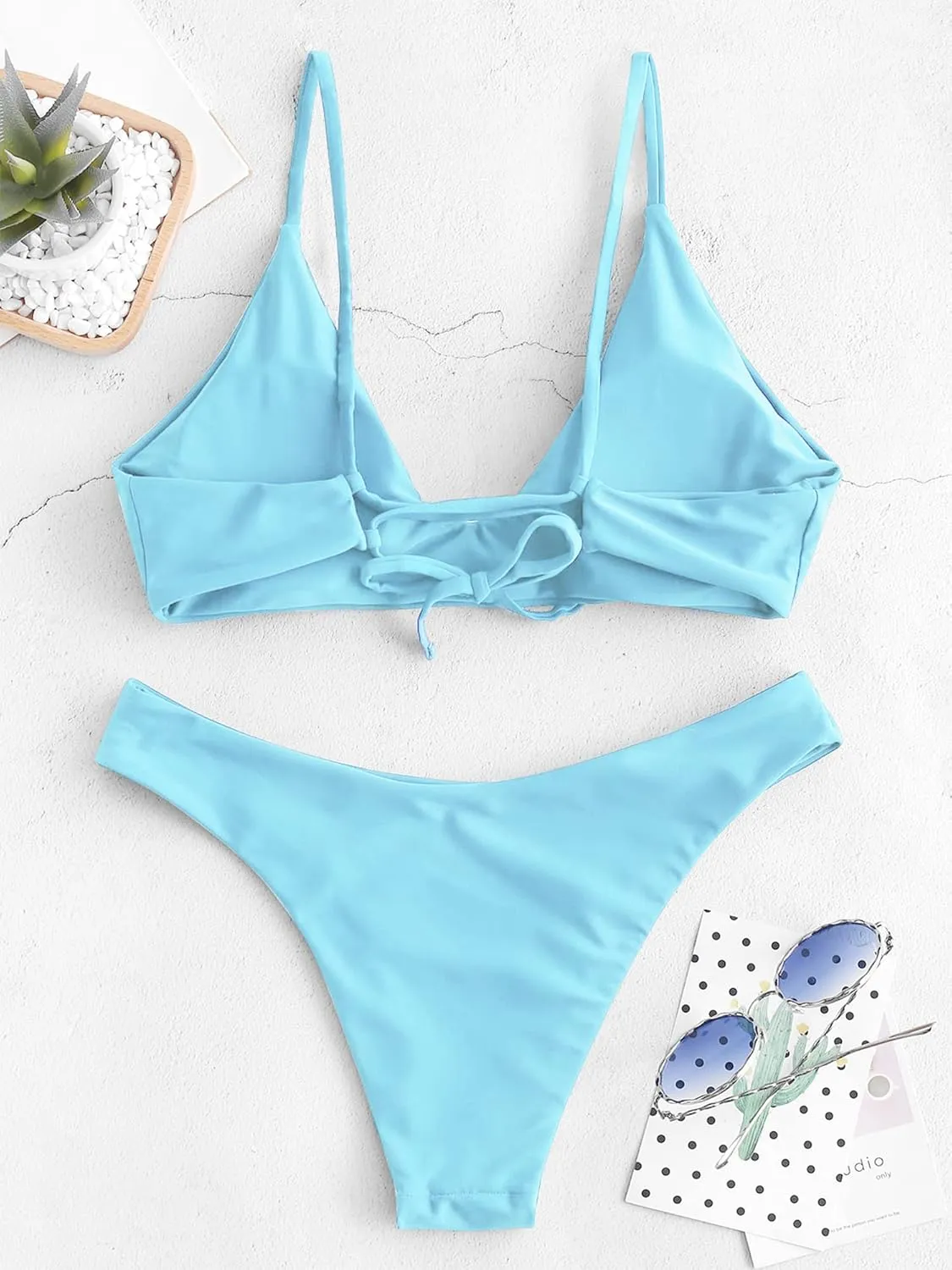 ZAFUL Women's Tie Back Padded High Cut Bralette Bikini Set Two Piece Swimsuit