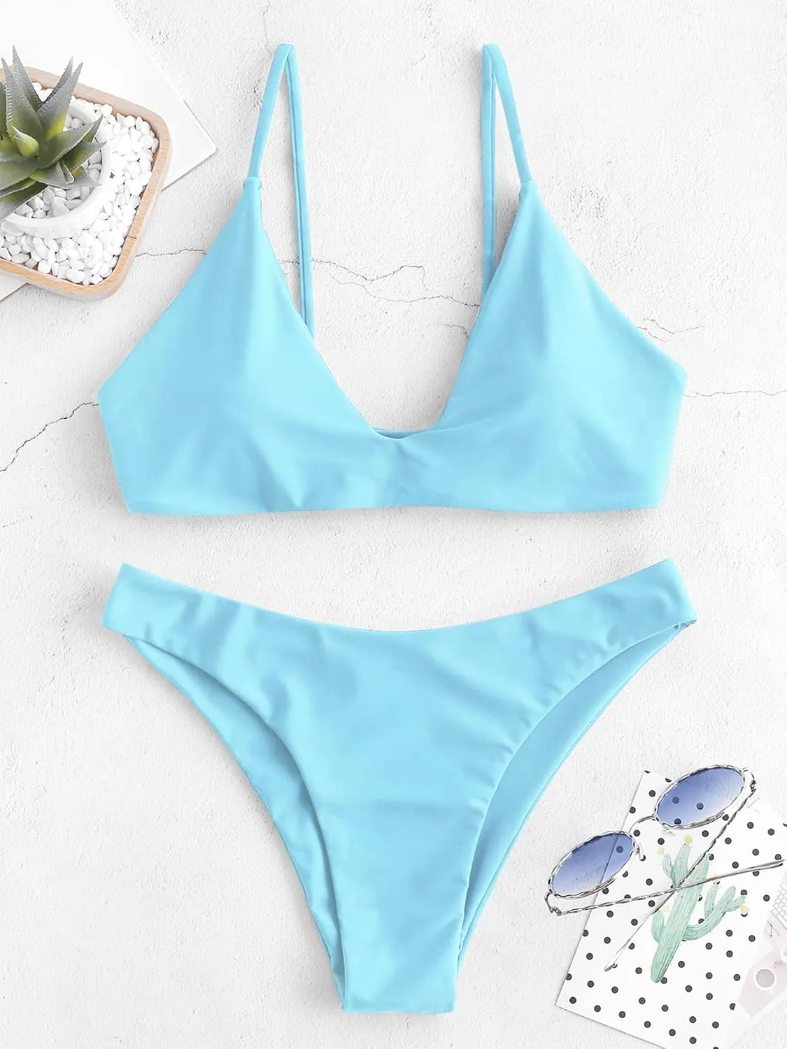 ZAFUL Women's Tie Back Padded High Cut Bralette Bikini Set Two Piece Swimsuit