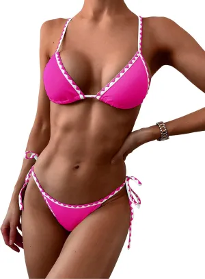 ZAFUL Women's Triangle Bikini Tie Side Whip Stitch String Bikini Two Piece Swimsuit Bathing Suits
