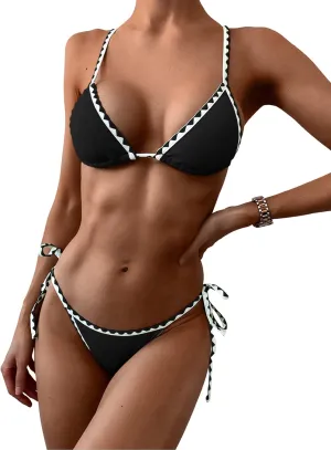ZAFUL Women's Triangle Bikini Tie Side Whip Stitch String Bikini Two Piece Swimsuit Bathing Suits