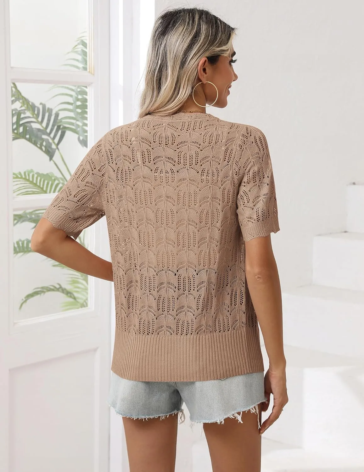 Zeagoo Women's Short Sleeve Summer Cardigan V-Neck Button up Lightweight Hollow Out Sweater Cardigans Shrug