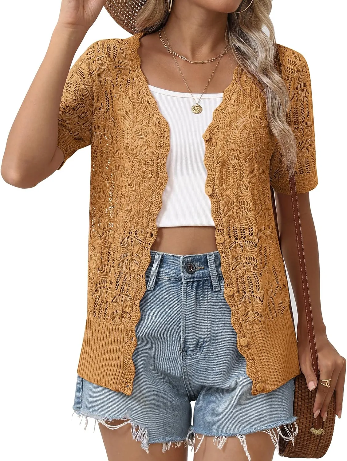 Zeagoo Women's Short Sleeve Summer Cardigan V-Neck Button up Lightweight Hollow Out Sweater Cardigans Shrug