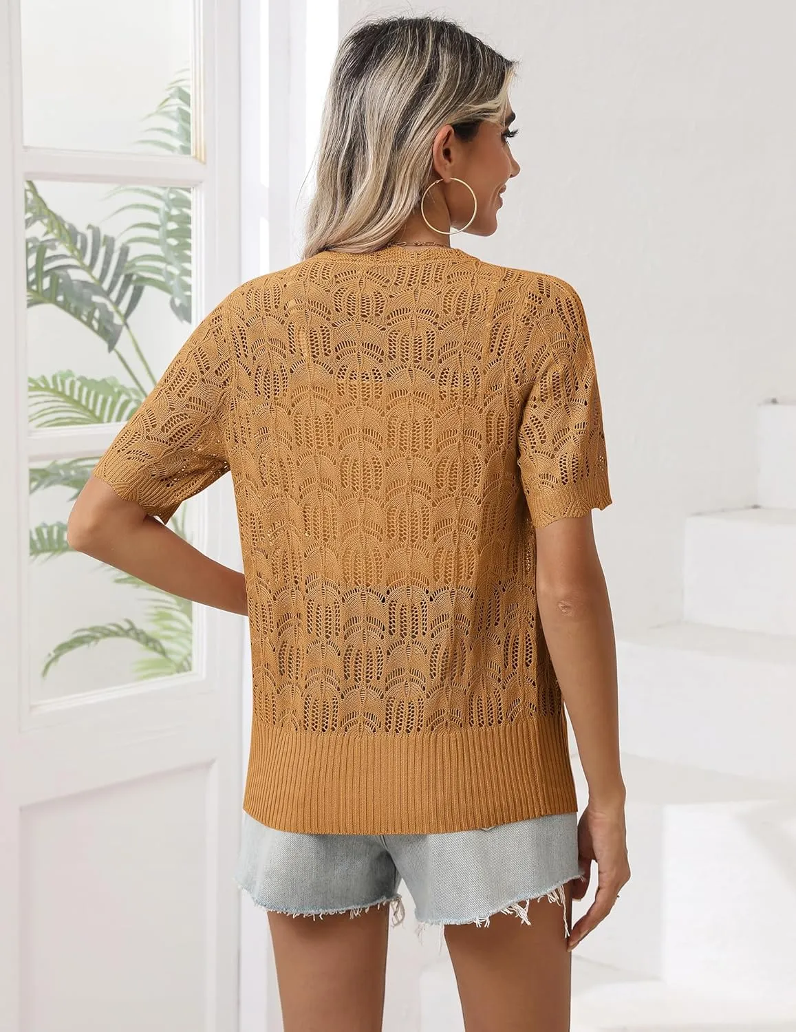 Zeagoo Women's Short Sleeve Summer Cardigan V-Neck Button up Lightweight Hollow Out Sweater Cardigans Shrug