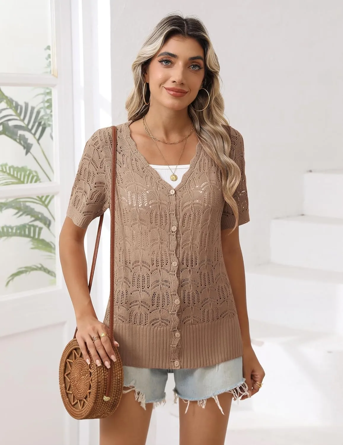 Zeagoo Women's Short Sleeve Summer Cardigan V-Neck Button up Lightweight Hollow Out Sweater Cardigans Shrug
