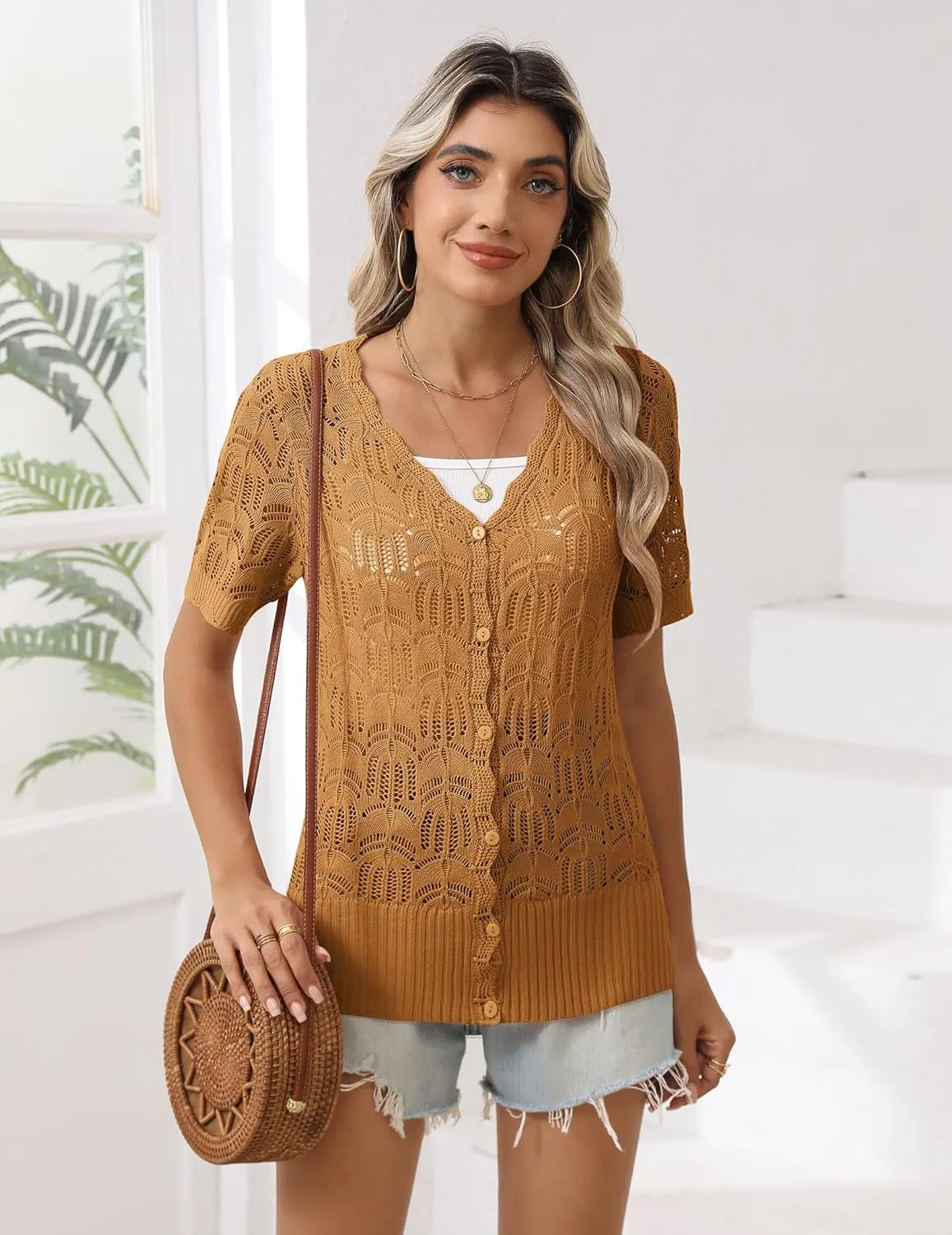 Zeagoo Women's Short Sleeve Summer Cardigan V-Neck Button up Lightweight Hollow Out Sweater Cardigans Shrug
