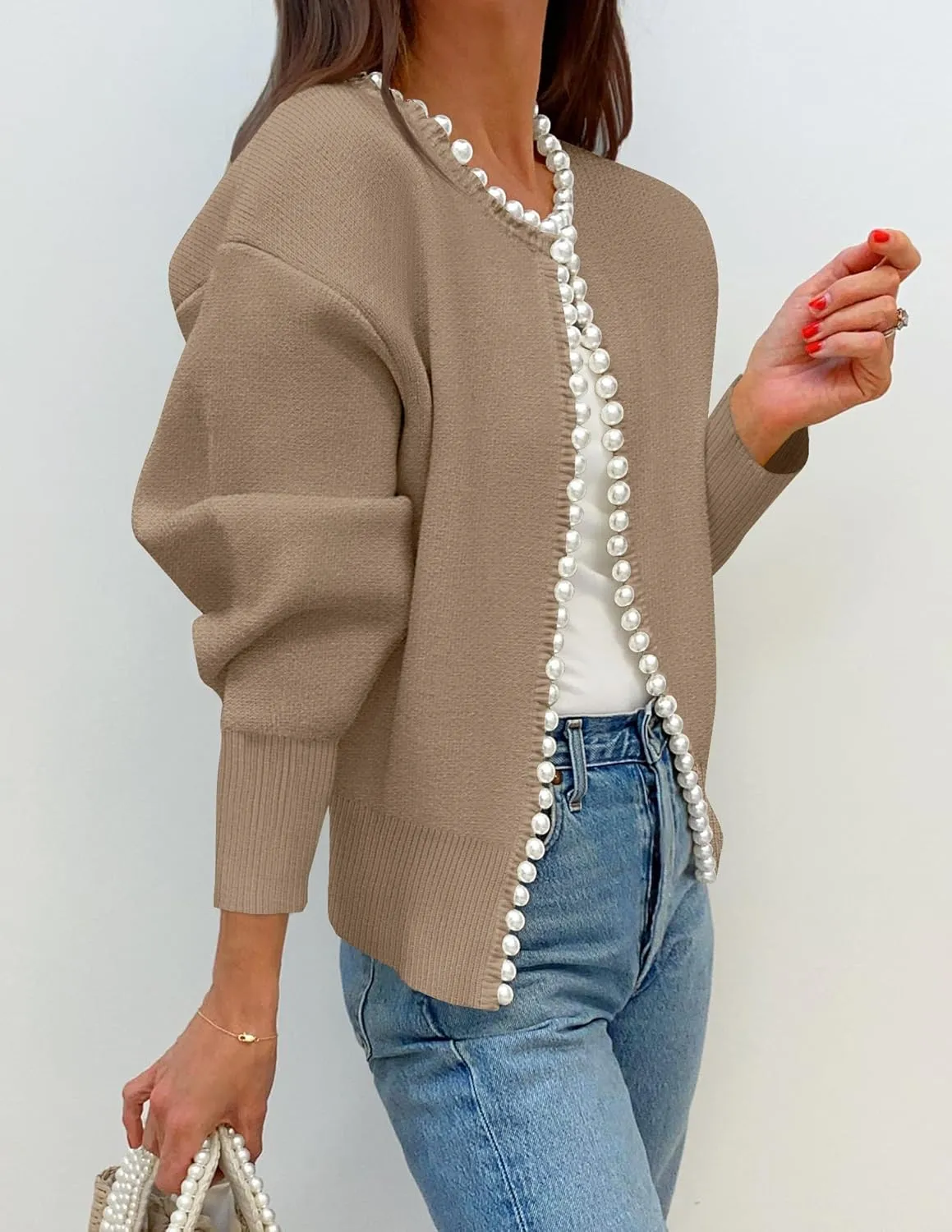 ZESICA Women's Open Front Cardigan Sweater Casual Knitted Long Sleeve Pearls Trim Outerwear Coat Trendy Clothes