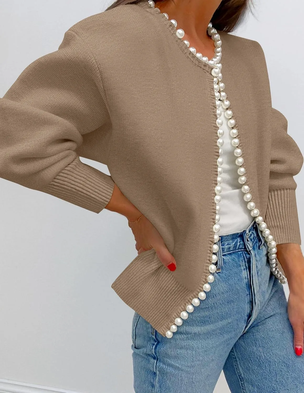 ZESICA Women's Open Front Cardigan Sweater Casual Knitted Long Sleeve Pearls Trim Outerwear Coat Trendy Clothes