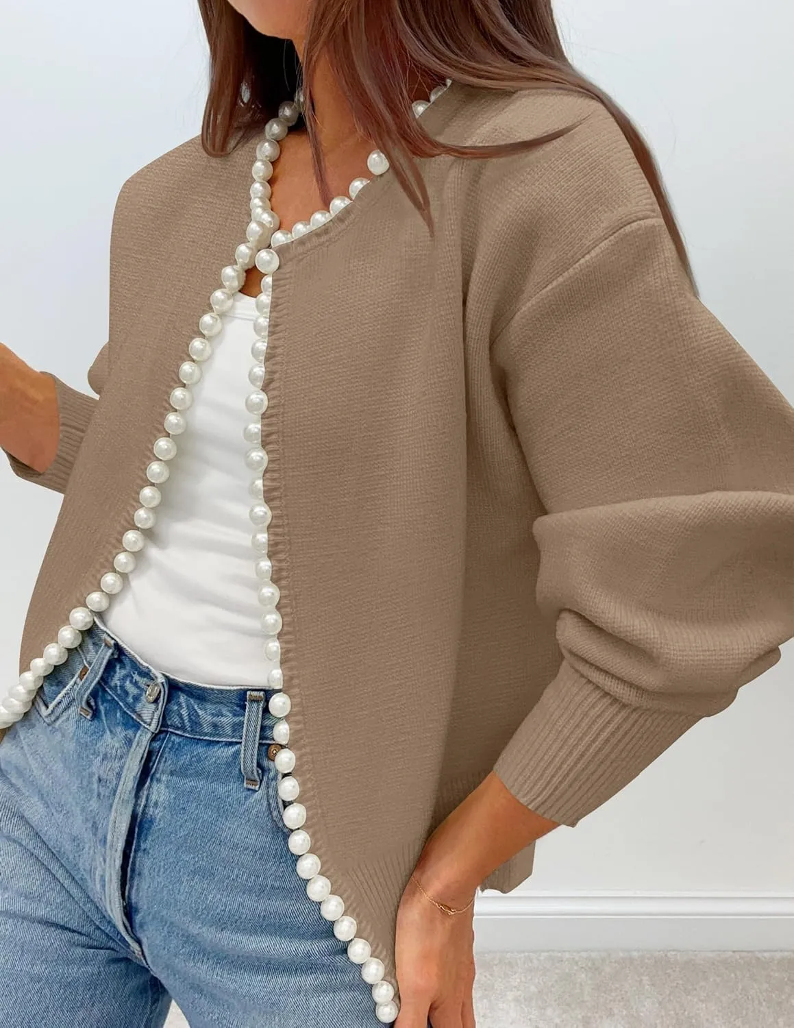 ZESICA Women's Open Front Cardigan Sweater Casual Knitted Long Sleeve Pearls Trim Outerwear Coat Trendy Clothes