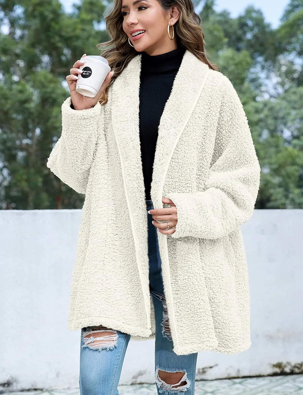 Zilcremo Women Oversized Fleece Cardigan Open Front Shawl Collar Long Sleeve Sherpa Fuzzy Jacket Outerwear Coats with Pockets