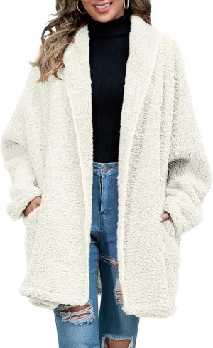 Zilcremo Women Oversized Fleece Cardigan Open Front Shawl Collar Long Sleeve Sherpa Fuzzy Jacket Outerwear Coats with Pockets
