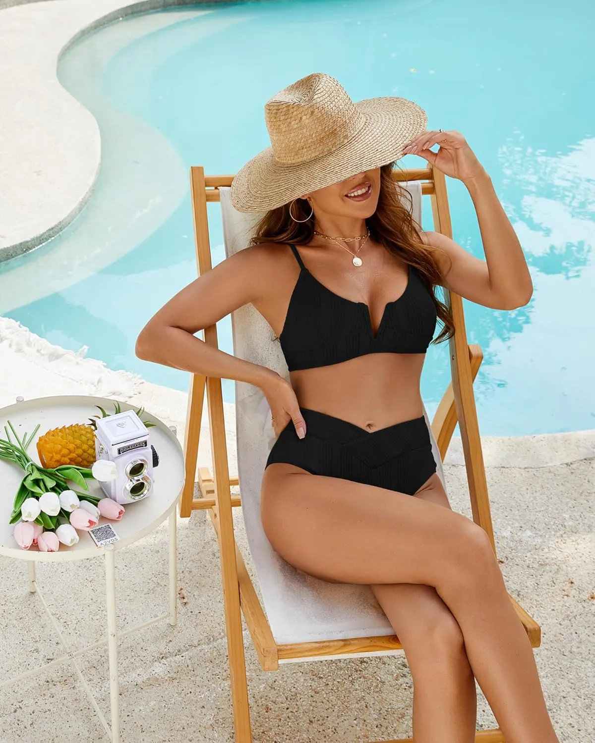 ZINPRETTY Womens High Waisted Bikini Sets Crossover Ribbed 2 Piece Bathing Suit V-Wired Swimsuit Push Up Top Teen Girl