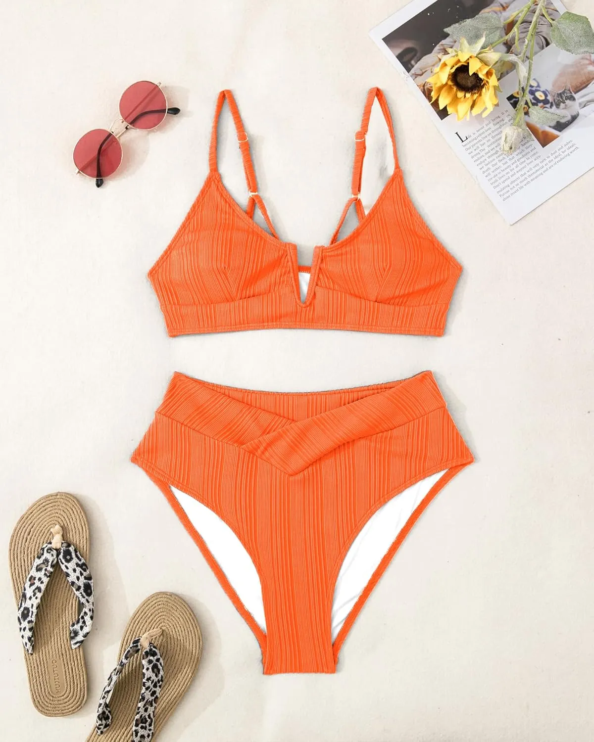 ZINPRETTY Womens High Waisted Bikini Sets Crossover Ribbed 2 Piece Bathing Suit V-Wired Swimsuit Push Up Top Teen Girl