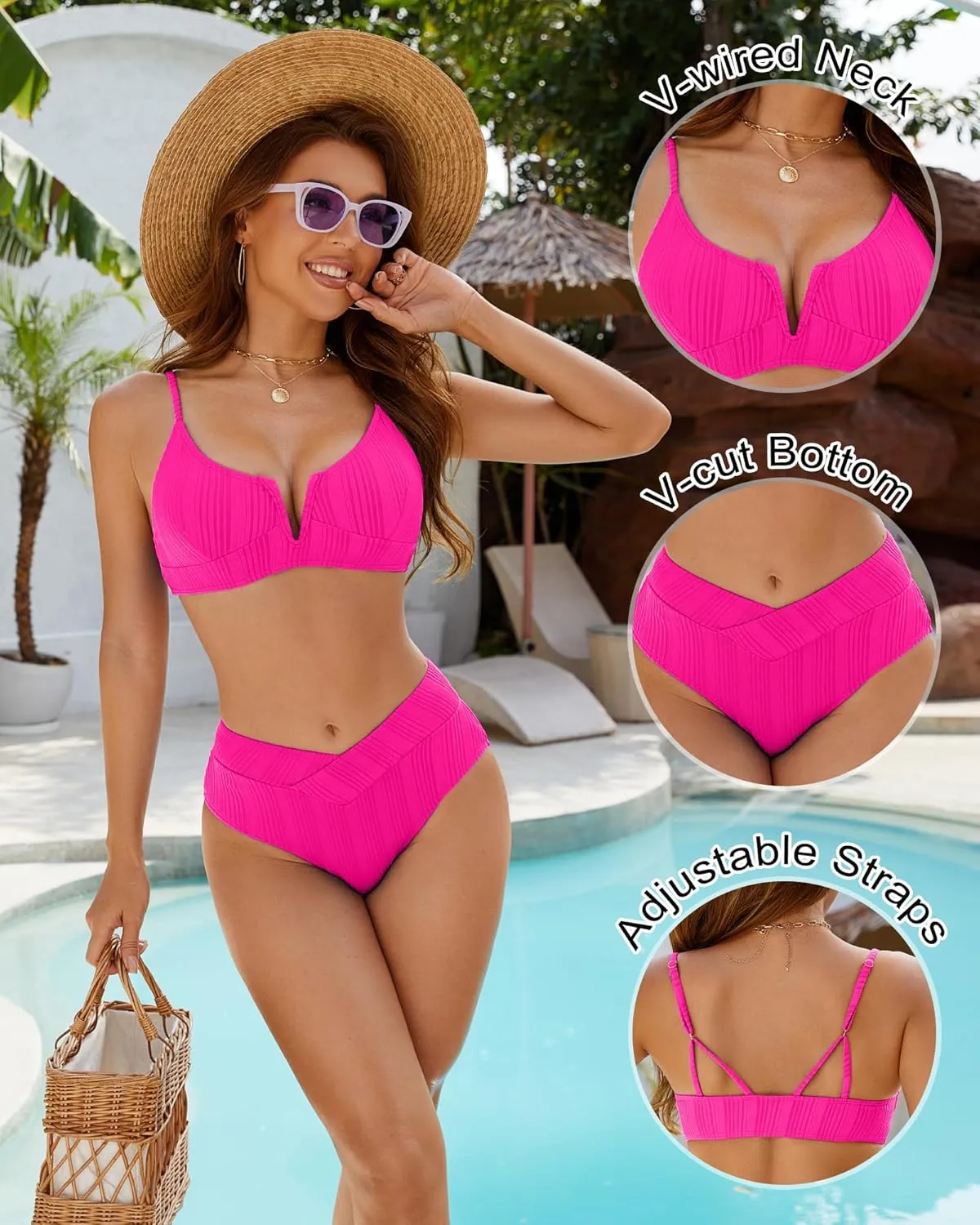 ZINPRETTY Womens High Waisted Bikini Sets Crossover Ribbed 2 Piece Bathing Suit V-Wired Swimsuit Push Up Top Teen Girl