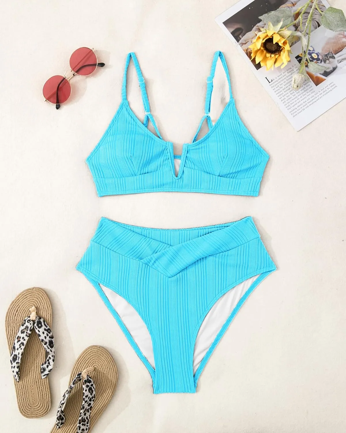 ZINPRETTY Womens High Waisted Bikini Sets Crossover Ribbed 2 Piece Bathing Suit V-Wired Swimsuit Push Up Top Teen Girl