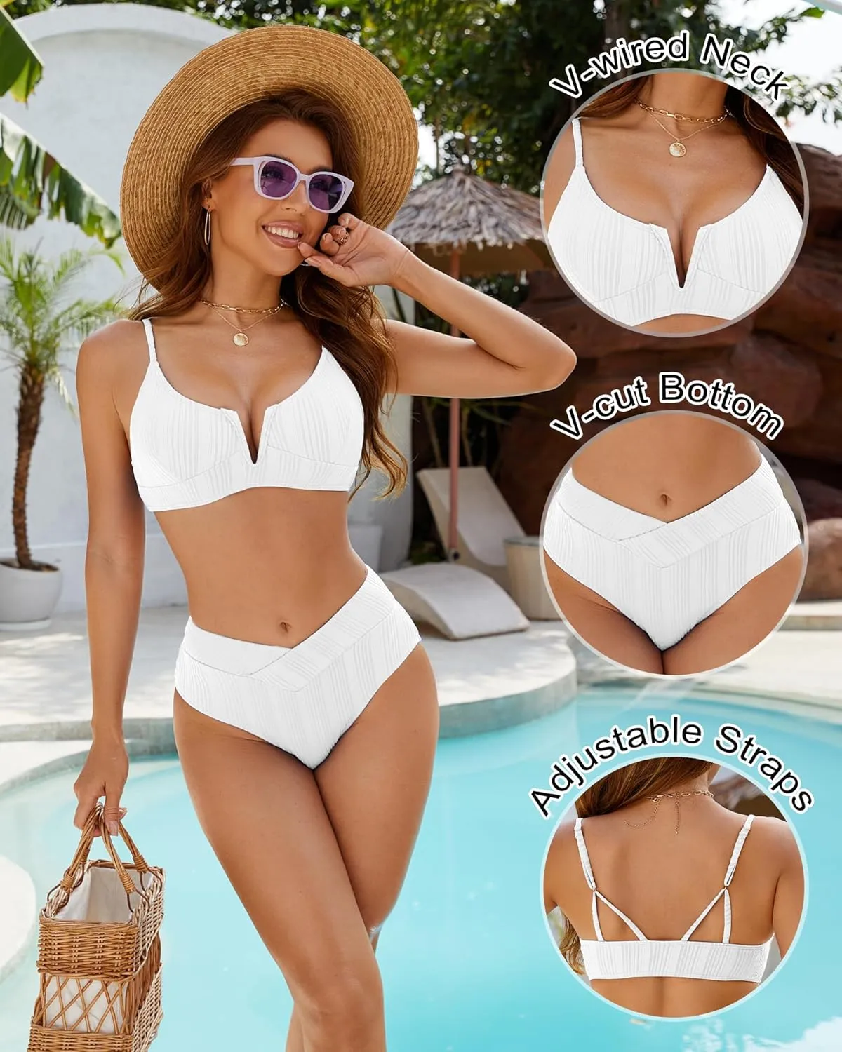 ZINPRETTY Womens High Waisted Bikini Sets Crossover Ribbed 2 Piece Bathing Suit V-Wired Swimsuit Push Up Top Teen Girl