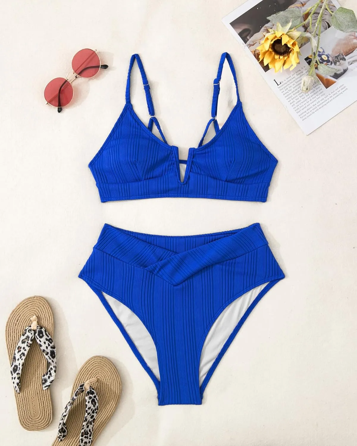 ZINPRETTY Womens High Waisted Bikini Sets Crossover Ribbed 2 Piece Bathing Suit V-Wired Swimsuit Push Up Top Teen Girl