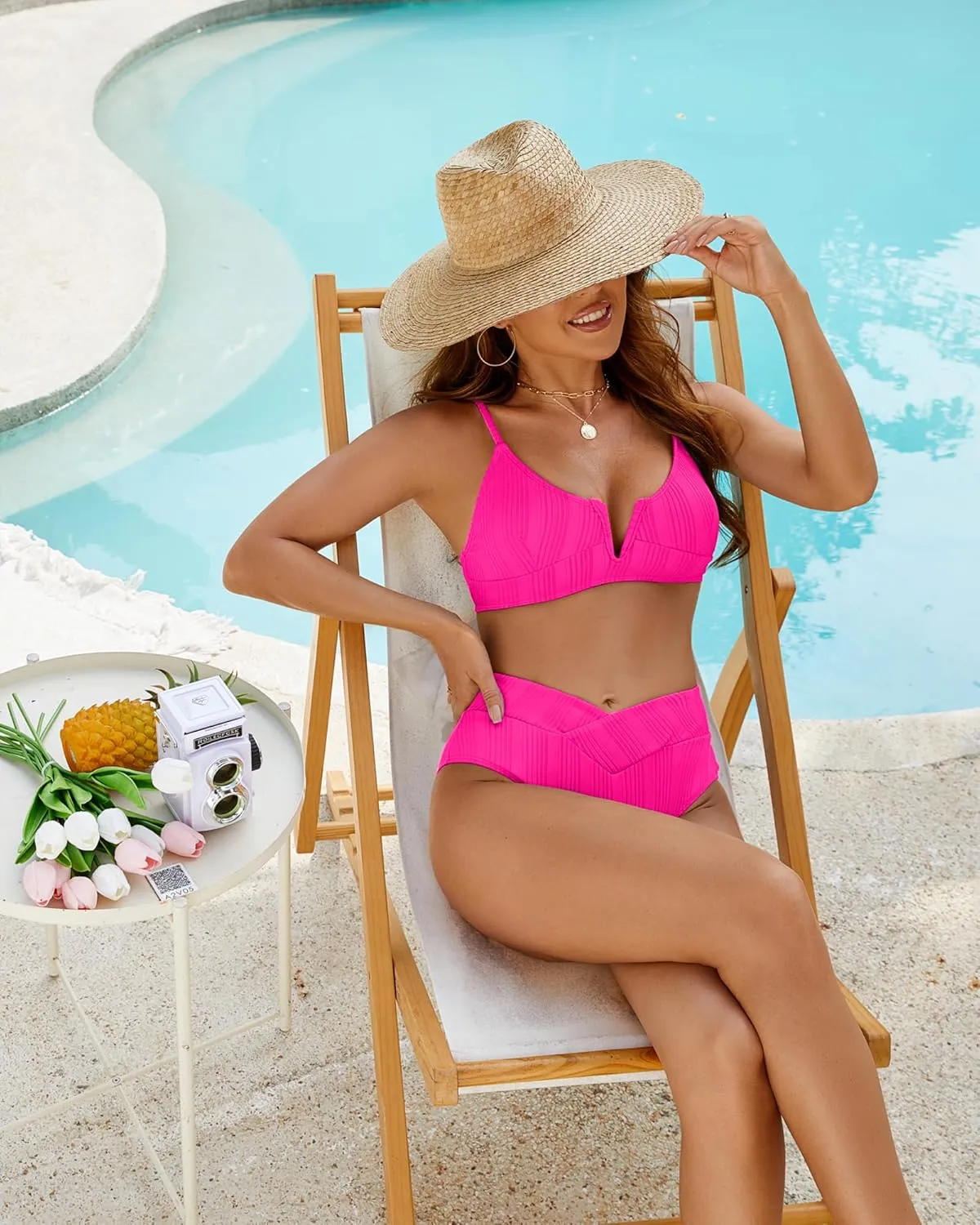 ZINPRETTY Womens High Waisted Bikini Sets Crossover Ribbed 2 Piece Bathing Suit V-Wired Swimsuit Push Up Top Teen Girl