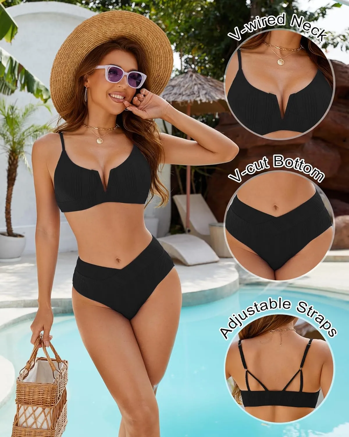 ZINPRETTY Womens High Waisted Bikini Sets Crossover Ribbed 2 Piece Bathing Suit V-Wired Swimsuit Push Up Top Teen Girl