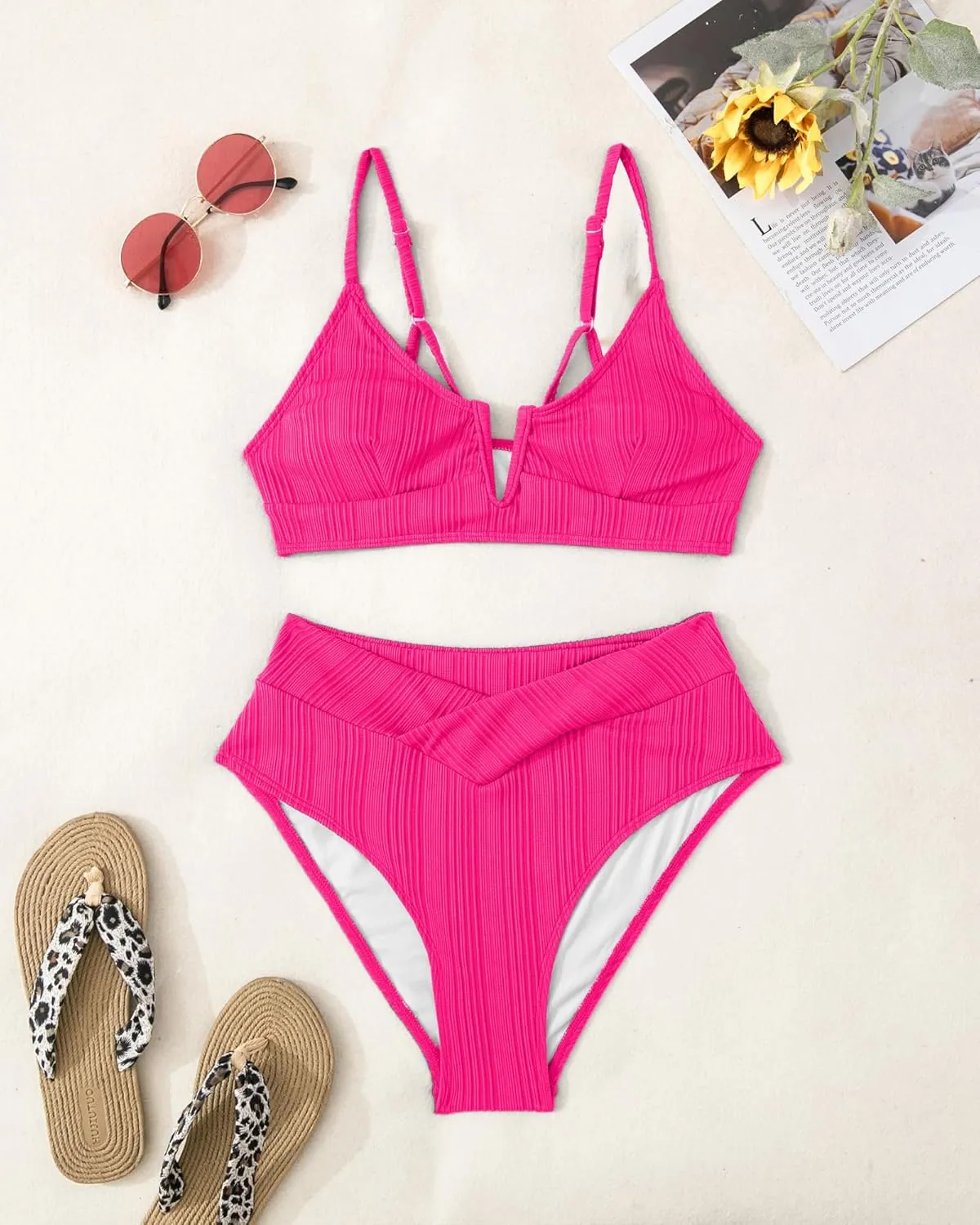 ZINPRETTY Womens High Waisted Bikini Sets Crossover Ribbed 2 Piece Bathing Suit V-Wired Swimsuit Push Up Top Teen Girl