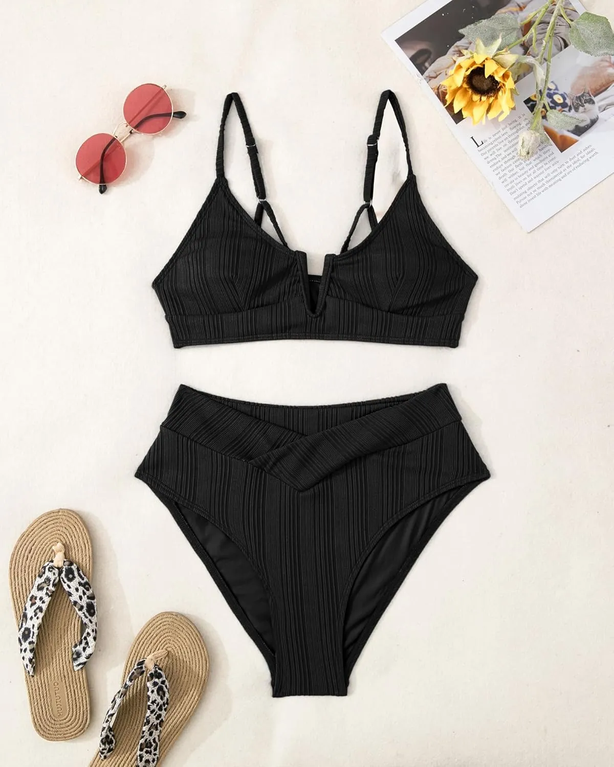 ZINPRETTY Womens High Waisted Bikini Sets Crossover Ribbed 2 Piece Bathing Suit V-Wired Swimsuit Push Up Top Teen Girl