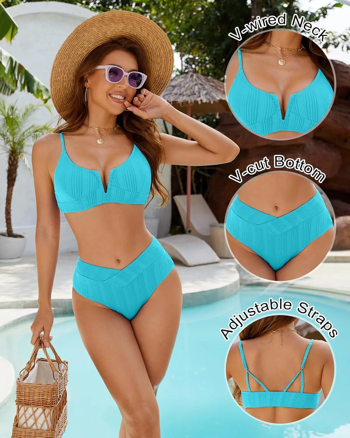 ZINPRETTY Womens High Waisted Bikini Sets Crossover Ribbed 2 Piece Bathing Suit V-Wired Swimsuit Push Up Top Teen Girl
