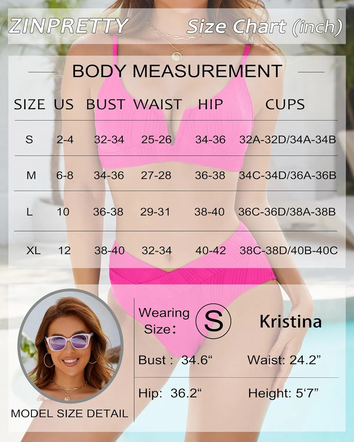 ZINPRETTY Womens High Waisted Bikini Sets Crossover Ribbed 2 Piece Bathing Suit V-Wired Swimsuit Push Up Top Teen Girl