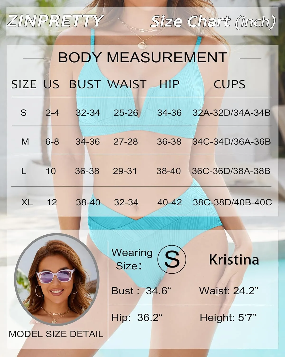 ZINPRETTY Womens High Waisted Bikini Sets Crossover Ribbed 2 Piece Bathing Suit V-Wired Swimsuit Push Up Top Teen Girl